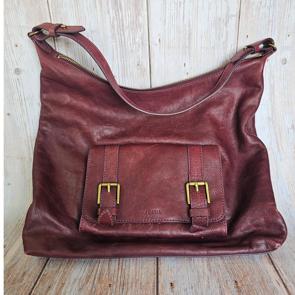 Y2K Style Fossil Leather Hobo Shoulder Bag Oxblood w/ Magnetic Buckle Pocket
